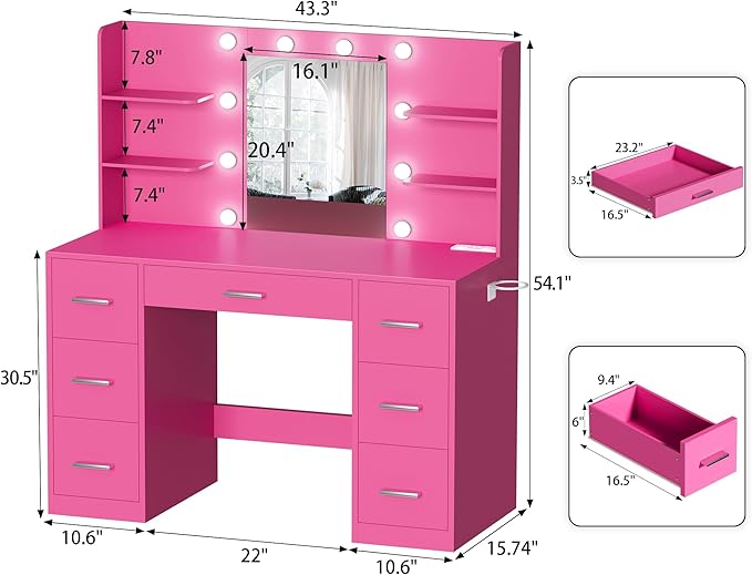 YESHOMY Vanity Desk with Mirror, Power Outlet and 10 Lights, Makeup Table with 7 Drawers, 3 Color Modes Available for Bedroom, Rose Red