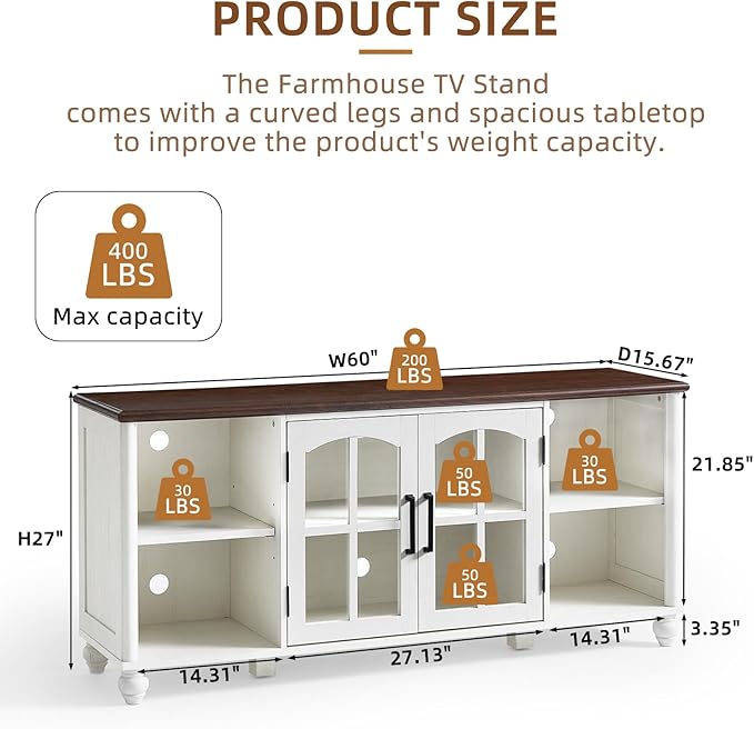 Farmhouse TV Stand for 60 Inch TV, Wood Entertainment Center with Adjustable Shelves & Glass Door Storage Cabinet,Television Stands for 65" TVS,TV Console Table for Living Room,Bedroom,White