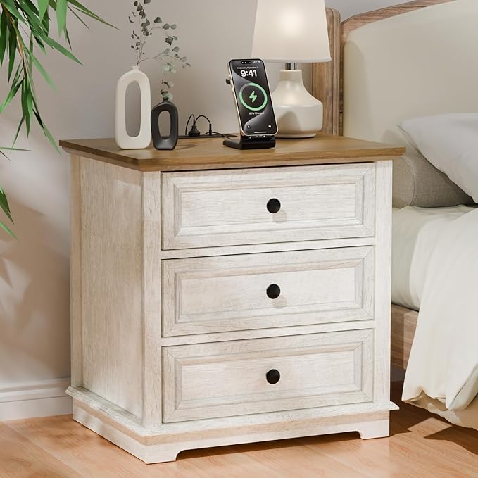 3 Drawer Dresser, Chest of Drawers with Charging Station, 24” Wide End Table with 3 Drawers, Modern Bedside Table with Storage, Wooden Small Dresser. (White)