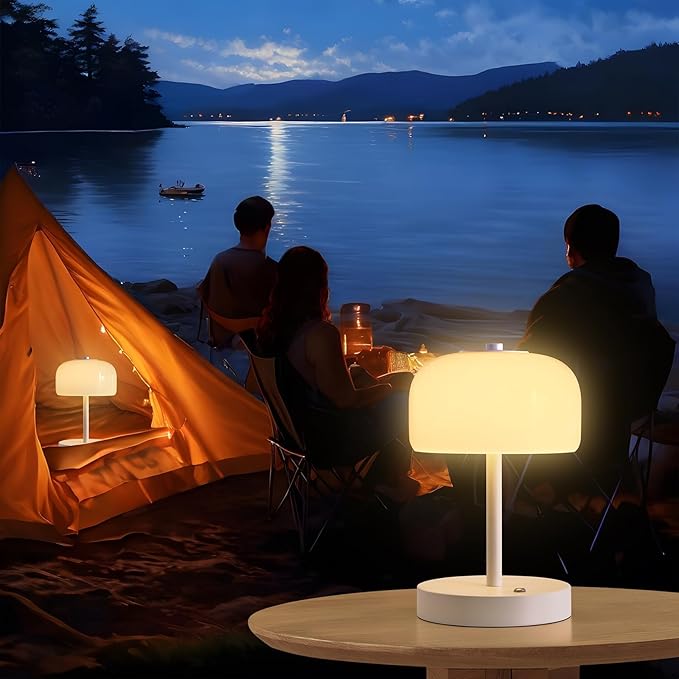 PORTRES Cordless Table Lamp Rechargeable Battery Operated Mushroom lamp Opal Glass Shade 3 Way Dimmable LED Touch Outdoor Lamp for Camping Bedroom Dining Living Room Beside Patio Restaurant,White