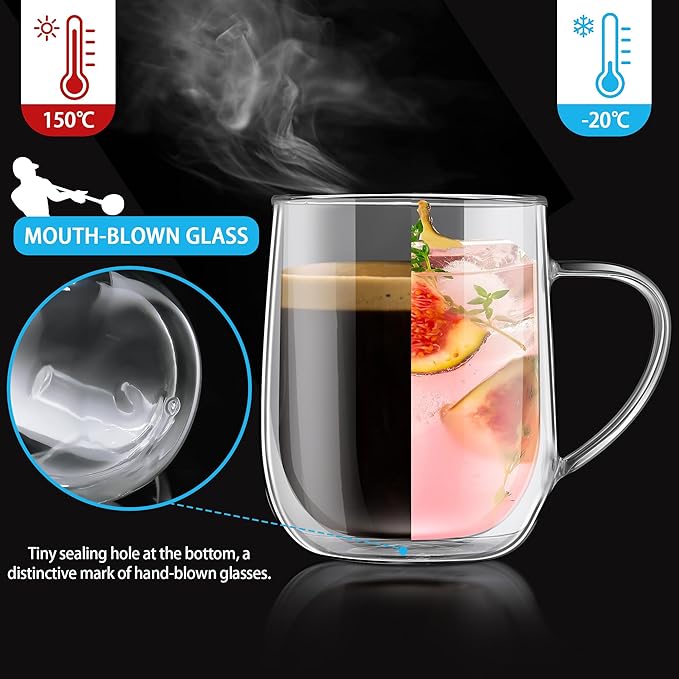 Joeyan Large Clear Double Walled Glass Coffee Mugs 15 oz, Double Layer Tea Latte Cappuccino Cups with Handle, Double Lined Insulated High Borosilicate Glassware for Milk and Hot Beverages, Set of 2