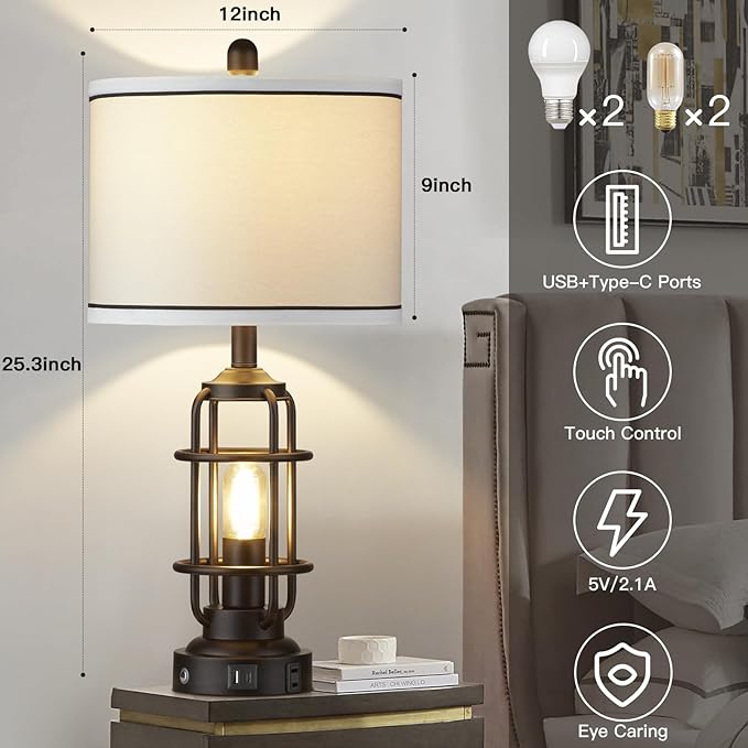 26" Modern Lamp for Living Room, Industrial 3-Way Dimmable Beside Table Lamp with USB A+C Charging Ports & AC Outlet, Touch Control Beside Lamp LED Night Light for Bedroom Single(2 Bulbs Included)