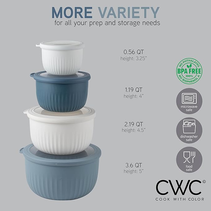 COOK WITH COLOR Prep Bowls with Lids- Wide and Deep Nesting Plastic Small Mixing Bowl Set with Lids, 8 Piece Set - Deep Bowls, Blue/Grey