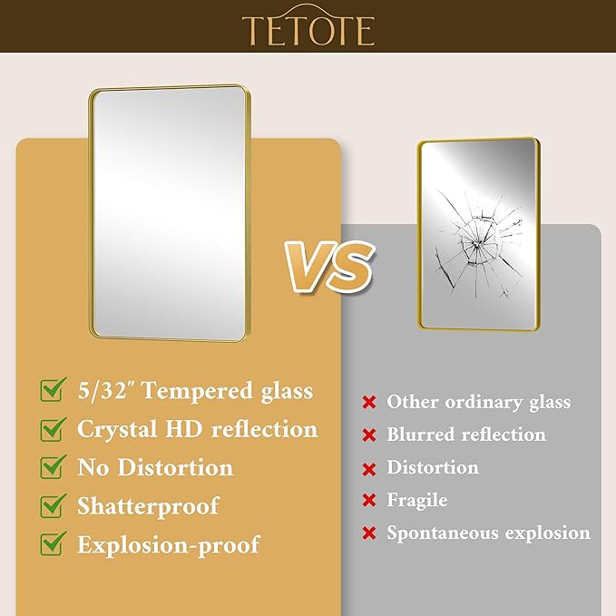 TETOTE Gold Bathroom Mirror 16 x 20 Inch Brushed Gold Metal Framed Vanity Mirror, Tempered Glass, Wall Mounted for Bathroom, Entryway, Bedroom, Living Room(Horizontal/Vertical)