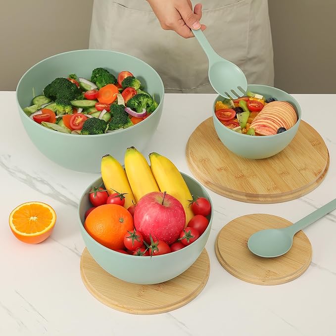 Salad Bowls Set of 3 with Lid & Serving Utensils, Bamboo Fiber Mixing Bowls Set Large Serving Bowls & Storage Set with Bamboo Lid for Salad, Kitchen Eating, Pasta, Popcorn, Chips, Fruit, Cyan