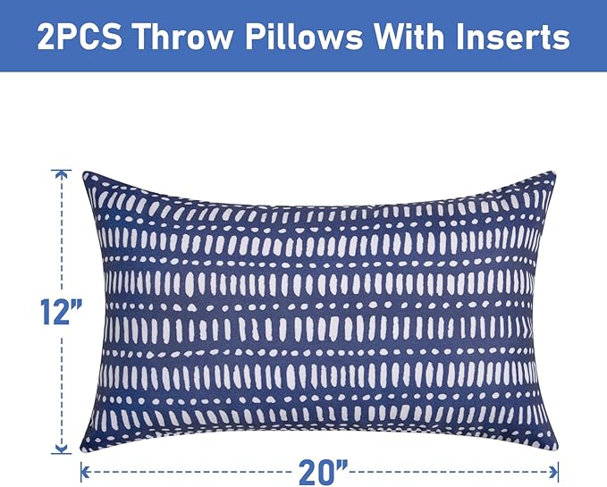 Pack of 2 12x20 Outdoor Pillows, Waterproof Throw Pillows with Inserts, Decorative Lumbar Pillows for Patio, Garden, Couch, Furniture, Sofa, Bed, Living Room(Pebble Dark Blue)