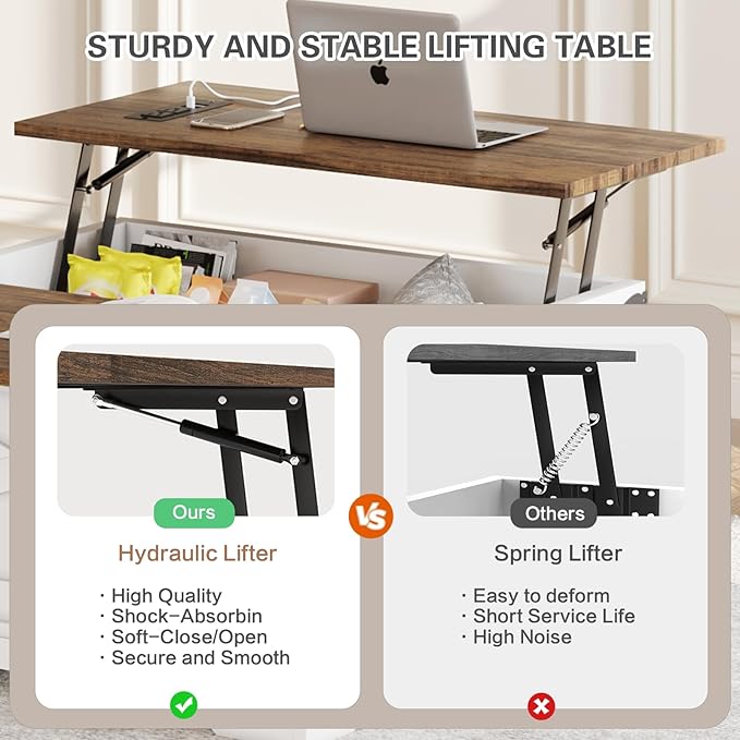 Lift Top Coffee Table with Storage, Square Coffee Table for Living Room with Charging Ports, Farmhouse Dining Table with Large Hidden Storage, White, 31.5"