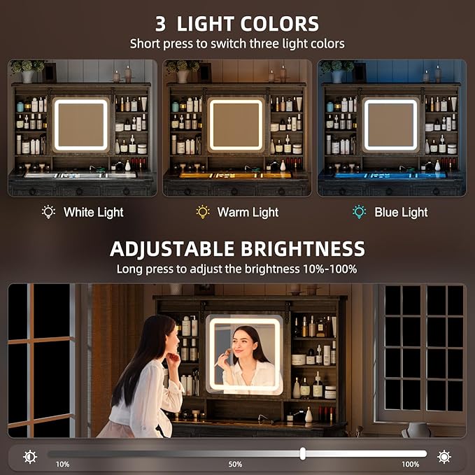 60"W Farmhouse Makeup Vanity Desk with Sliding Mirror and Lights, Charging Glass Top Large Vanity Table with Jewelry Storage,Vanity Set with 6 Drawers,10 Shelves,Side Storage Cabinet,Rustic Brown