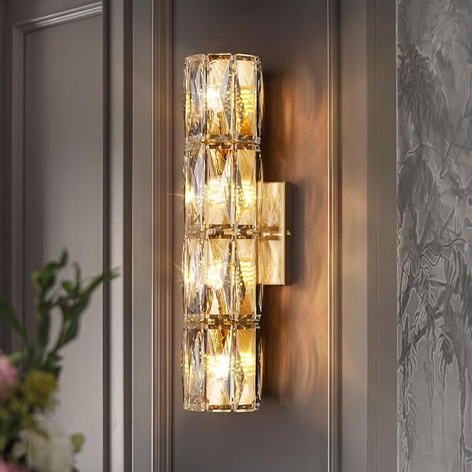 Crystal Wall Sconces Lighting, Modern Gold Wall Light Fixture, Elegant Vanity Wall Lighting Mount for Living Room Bedroom Bathroom Crystal Vanity Light Fixture for Indoor Hallway Doorway Stairway