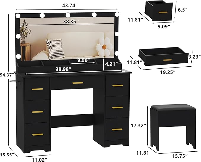 Makeup Vanity Desk with Mirror and Lights, Glass Top Vanity with 38" Lighted Mirror & Charging Station, Large Vanity Mirror with Lights Desk and Chair for Girls 3 Lightings Mode Adjusted, Black