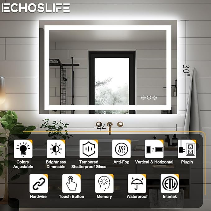 44"x30" Bathroom Light up Mirror, Double Bright Lights, Anti-Fog Vanity Mirror with Lights, Stepless Dimmable Illuminated Mirror, Touch Control, Waterproof (Horizontal/Vertical)
