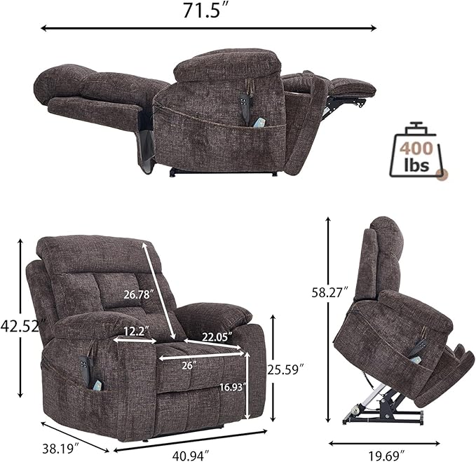 Power Lift Recliner Chair for Elderly, Oversized Lift Chair with Heat and Massage, 26in Extra Wide Recliner Chair for Big Man 400lbs, Hidden Cup Holder Lay Flat Recliner Chairs for Sleeping, Charcoal