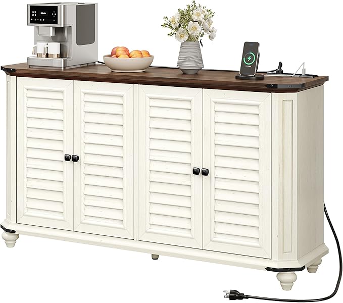 DWVO Farmhouse TV Stand for 60 Inch Television, 30.7" Tall Entertainment Center w/Adjustable Shelves, Wood 4 Shutter-Doors Buffet Sideboard Cabinet, Rustic Media Console Cabinet for Living Room, White