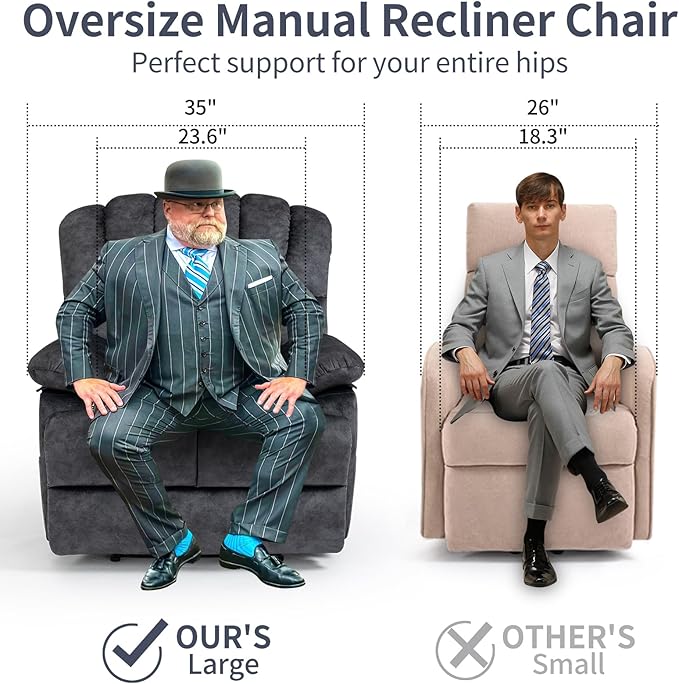 Large Recliner, 23" Wide Seat, A Recliner with Three Position, Recliner Chair Oversized with Two Side Pockets, Dark Gray