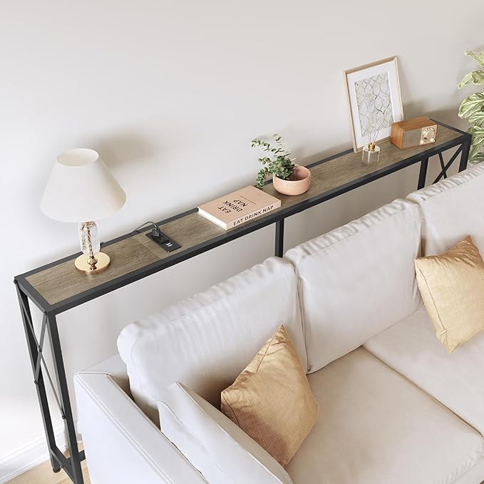 70" Sofa Tables Narrow Long, Behind Couch Table with Oulets & USB Ports, Industrial Long Skinny Stand for Entryway,Hallway, Living Room, Bedroom 7.9" D x 70" W x 24.8" H