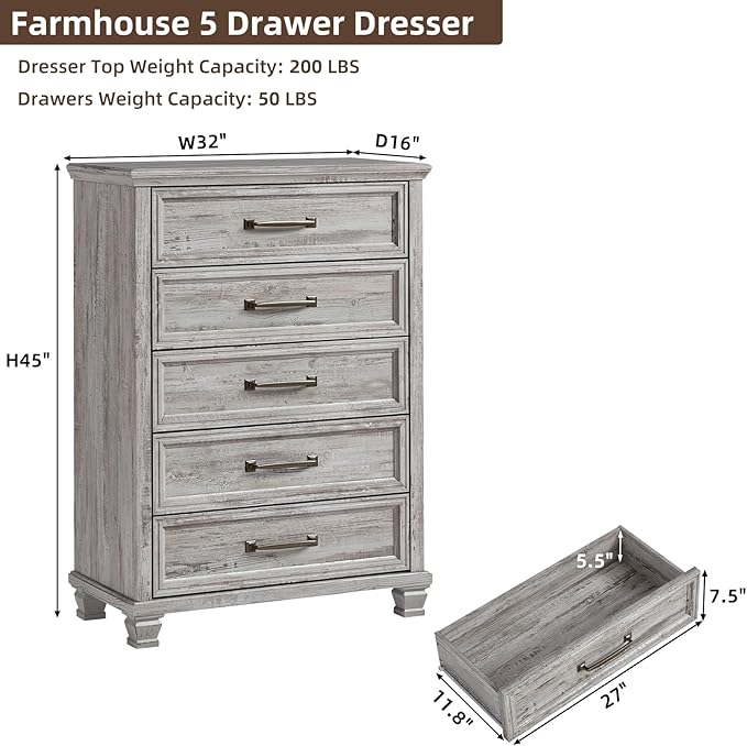Farmhouse 5 Drawer Dresser for Bedroom, 45” Tall Dresser for Closet, Rustic Wooden Chests of Drawer for Bedroom, Hallway, Entryway, Grey
