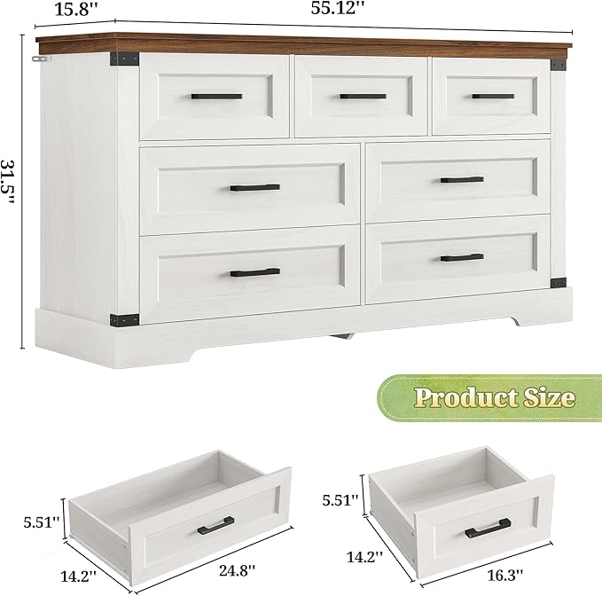 Hasuit White Dresser for Bedroom, Wooden 55.1" Long Dressers Chest of Drawer, Farmhouse 7 Drawer Dresser with Thick Styling, Large Capacity Storage Cabinet Organizer, Wide Dressers for Bedroom Hallway