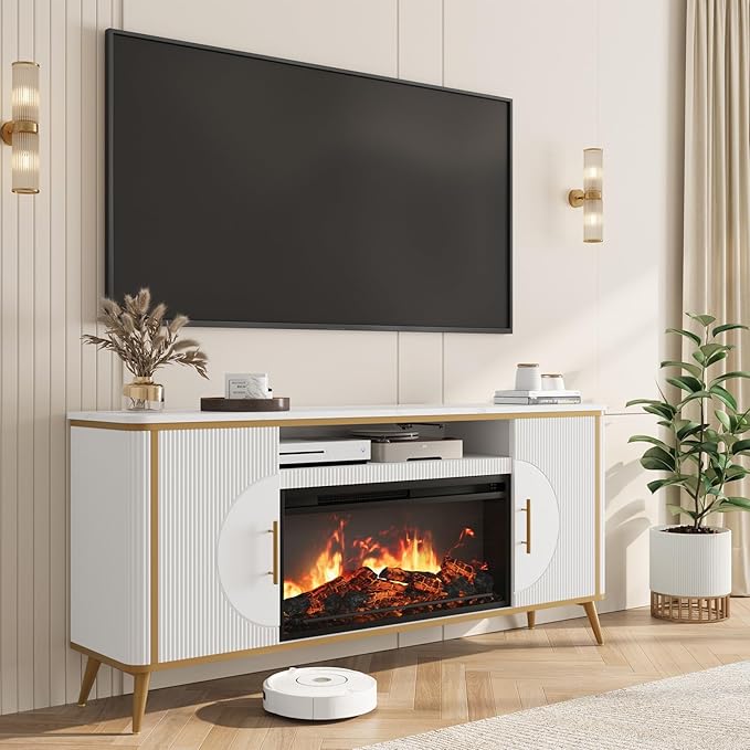 Fluted Fireplace TV Stand Up to 80" TVs, Modern Entertainment Center with 30" Electric Fireplace, Luxury Media Console with Adjustable Shelves for Living Room, White