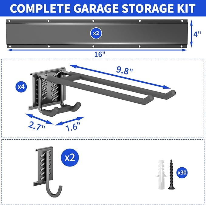 Tool Organizer Wall Mount, 32inch Heavy Duty Garden Tool organizer Storage System, Easy Install With 6 Adjustable Hooks, For Garage, Basement, Shed, Workshop(Black)