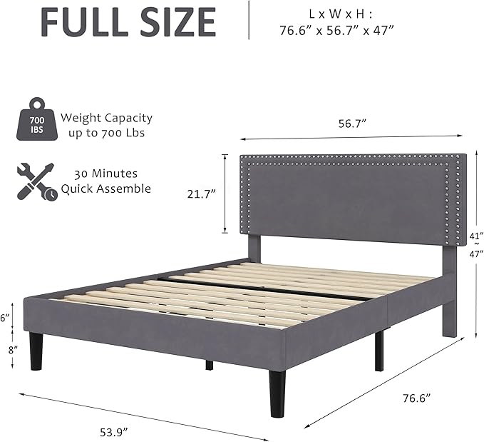 VECELO Full Size Bed Frame with Adjustable Upholstered Headboard, Wooden Slats Platform, Noise-Free Design, Easy Assembly