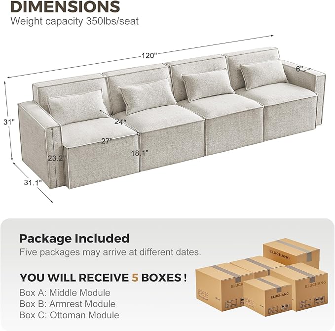 ELUCHANG 120" Modular Sectional Sofa, 4 Seater Large Convertible Sectional Couches, Oversized Modern Boucle Sofa, Comfy Deep Seat Sofa for Living Room, Oatmeal
