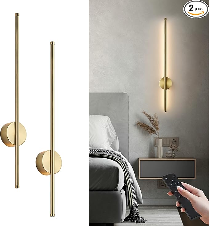 Battery Operated Modern Wall Sconces, Dimmable Wireless Wall Light Set of Two with Remote Control, 3 Color Temperatures, Rechargeable LED Wall Sconce for Bedroom, Living Room, Hallway, 27.6 Inch Brass