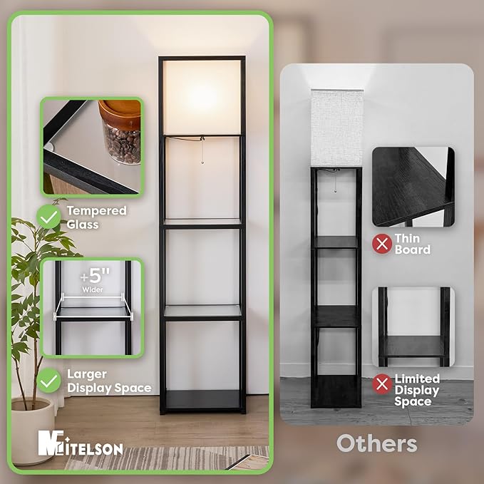 Floor Lamp with Shelves, Modern Standing Lamp with Tempered Glass, Large Display Shelf Lamp, Tall Lamps with Shelves for Living Room, Bedroom, Office, Black