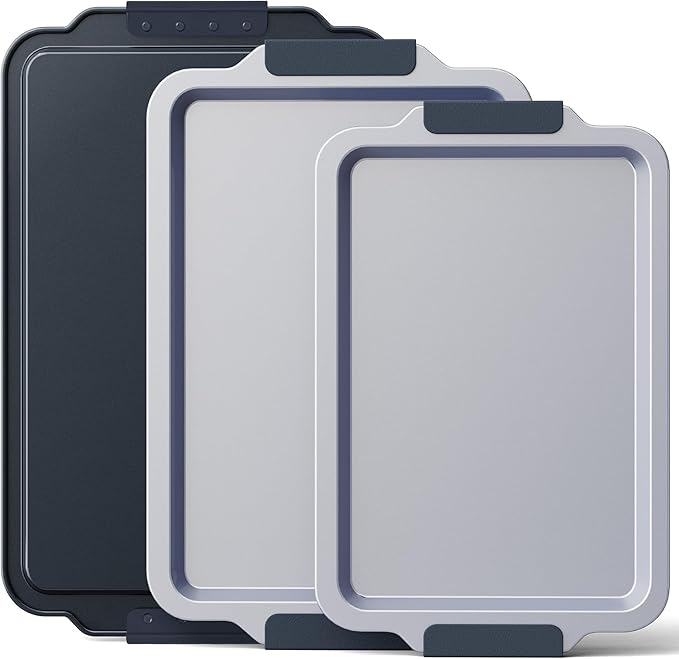 BRONYPRO Non Stick Ceramic Baking Sheet Pan Set of 3, Natural Non Toxic Cookie Sheets for Baking - PFOA, PTFE Free, Aluminized Steel Oven Trays for Cooking with Silicone Handles, Blue Gray