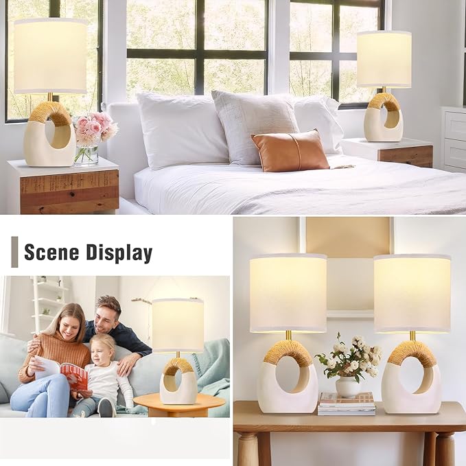 Table Lamp for Bedroom Set of 2 - Bedside Table Lamps with 3 Color Temperatures - Boho Rattan Lamps for NightStands Small White Farmhouse Living Room Lamps for Reading Sleeping Bulbs Included
