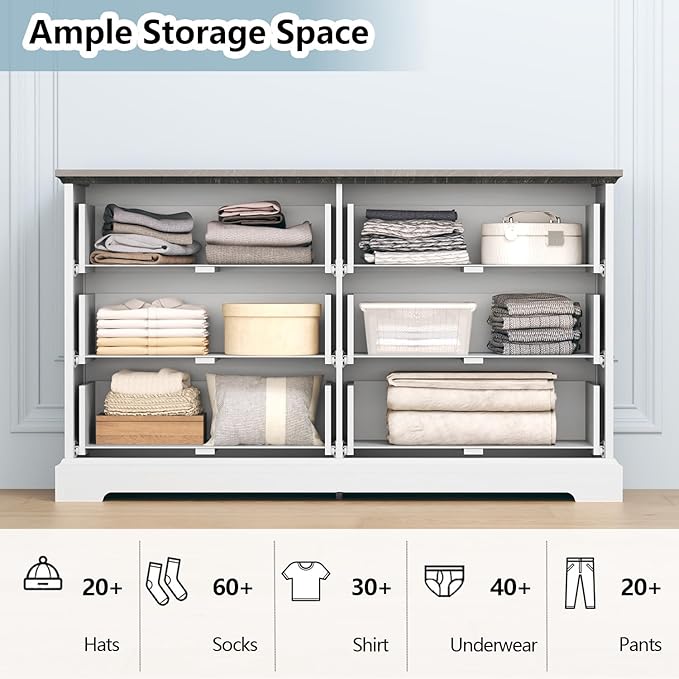 Dresser for Bedroom with 6 Drawer, Farmhouse Dresser for Closet, 47'' Wide Rustic Wooden Chest of Drawers with Natural Wood Texture, Vintage Storage Organizer for Living Room, Hallway, White