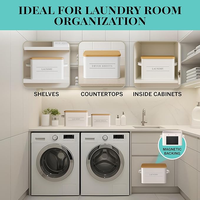 Metal Dryer Sheets Holder with Lid – Set of 2 Storage Bins for Laundry Room Organization & Home Decor – Classic White Metal Laundry Storage Containers with Lids - Sheet Organizers and Storage