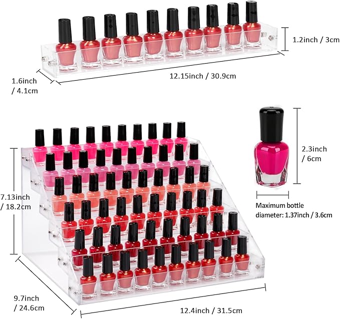 6-Tier Nail Polish Organizer Rack, Acrylic Display Stand Holder for Nail Paint, Tattoo ink, Essential Oil, Sunglasses Storage for Salon Vanity Table, Home Decor, Holds 72 Bottles