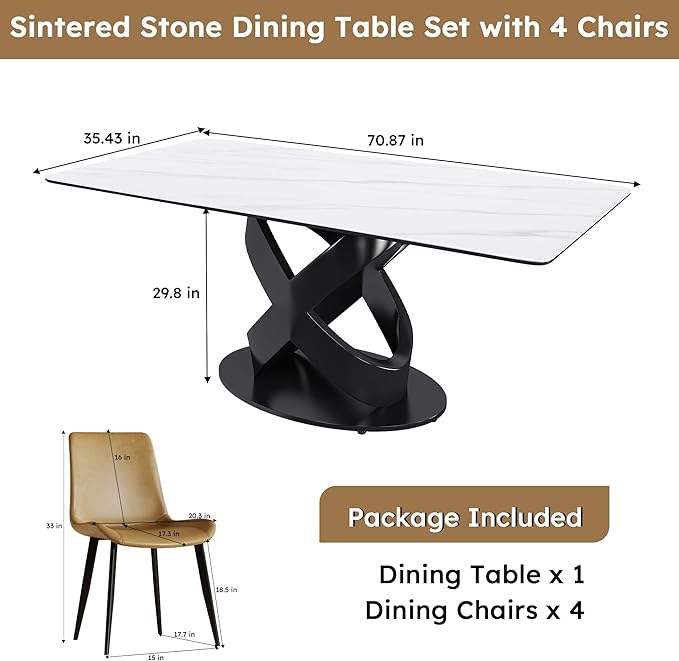 71" Modern Marble Dining Table with 4 Chairs, Sintered Stone Top for Kitchen, Dining Room, Dinette, Space Saving Design