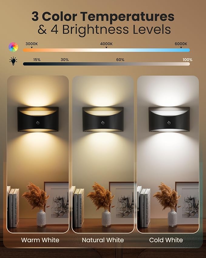 Brightown Magnetic Wall Sconces Set of Two, Rechargeable Battery Powered Wall Sconce with Remote Control, 3 Colors Wireless Up and Down Wall Mount Light for Hallway Bedroom Bedside Living Room (Black)