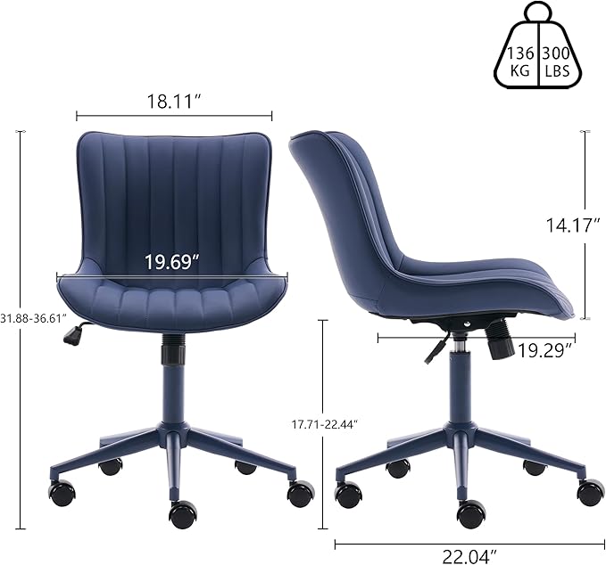 YOUNIKE Armless Home Office Desk Chair with Wheels Compact Comfy Vanity Chair with Adjustable Back Modern Small Leather Upholstered Rolling Swivel Cute Copmuter Task Chair No Arms Ergonomic Navy Blue
