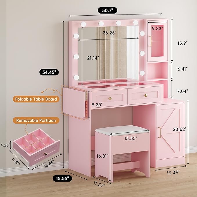 Makeup Vanity Desk with Mirror and Lights, Pink Vanity Table with LED Lighted Mirror & Power Outlet, Dressing Table with Chair, Large Storage Drawer & Cabinet, and Foldable Panel for Girls’ Bedroom