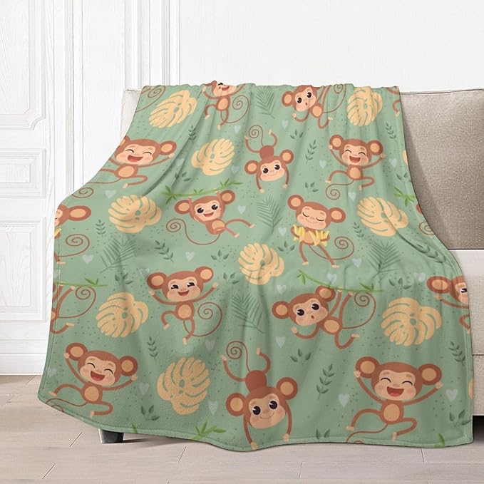 Wild Cute Animals Monkey Throw Blanket, Flannel Fleece Bed Blanket, Soft Cozy Fuzzy Plush Blankets for Couch Sofa Office Traveling Kids Bedroom Adults Living Room All Season, 60"x50"