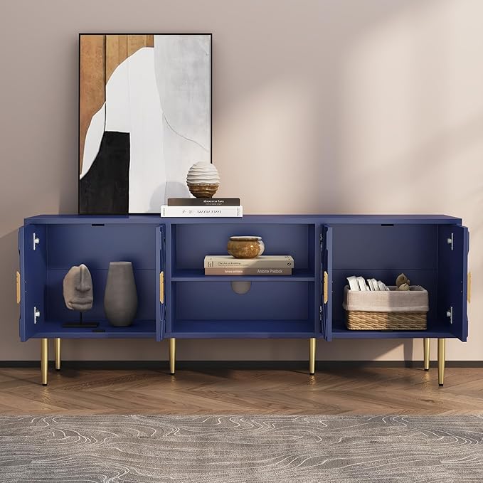 HLR 63''Modern TV Stand for 65/70/75 inch TV, Entertainment Center with Storage Cabinet, Mid Century Blue TV Stand,Embossed Pattern TV Console, TV Media Console for Living Room, Bedroom