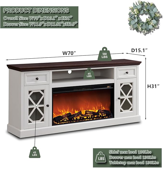 Farmhouse Fireplace TV Stand with 36" Electric Fireplace for 80 Inch TVs, 31" Tall Entertainment Center w/Drawer & Diamond Panel Door, Highboy Media Console for Living Room, 70inch, White