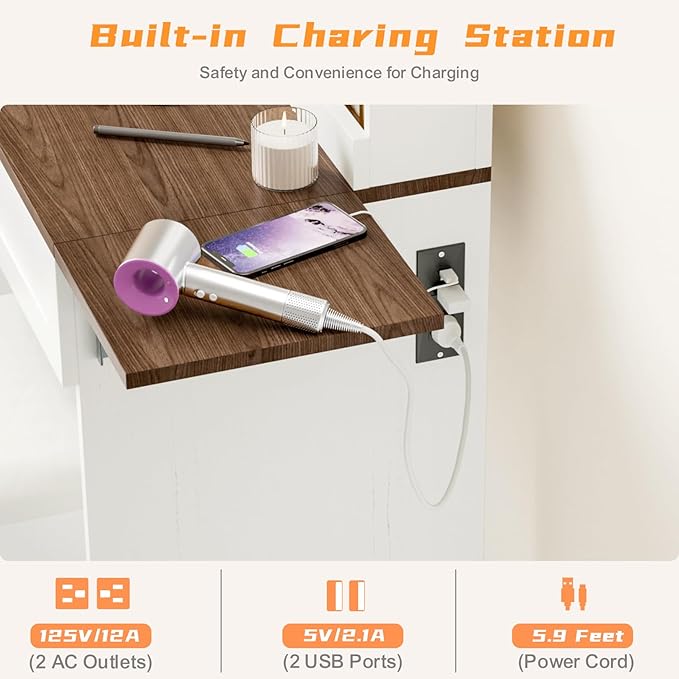 KAMABOKO Vanity Desk with Mirror, LED Lights and Power Outlet, Makeup Vanity Table with 2 Drawers and 3 Storage Shelves, Dressing Table w/Stools for Bedroom (White)