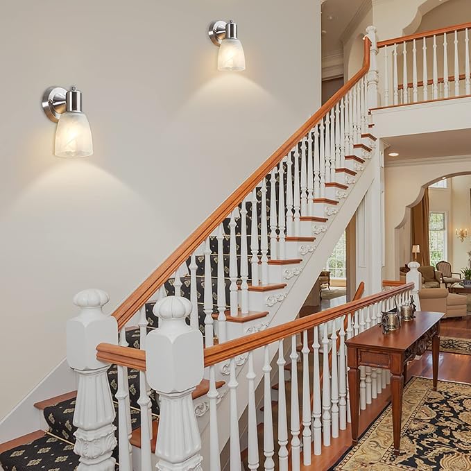 Wall Sconces Set of 2, Brushed Nickel Vanity Lights for Bathroom, Modern Wall Light Fixtures with Rotary Switch, Wall Mount Light with Frosted Glass, Farmhouse Wall Lamp for Bedroom Living Room