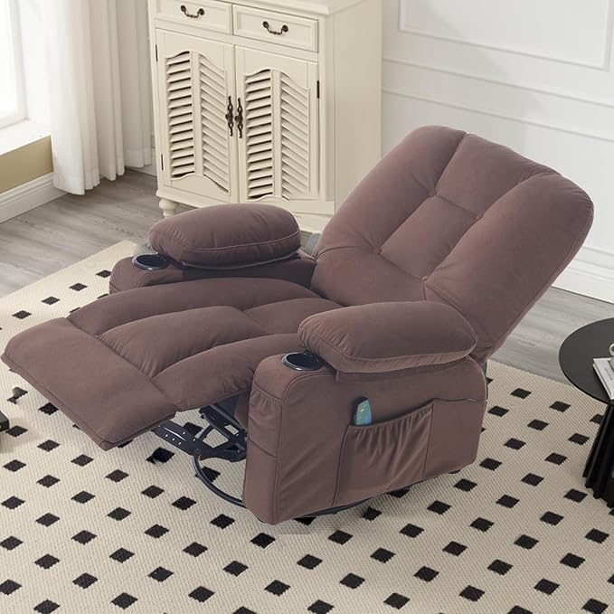 Recliner Chair for Adults, Rocker Recliners with Massage and Heat, Fabric Overstuffed Swivel Glider with Cup Holder Side Pocket, Manual Reclining Sofa Chair for Living Room,Brown