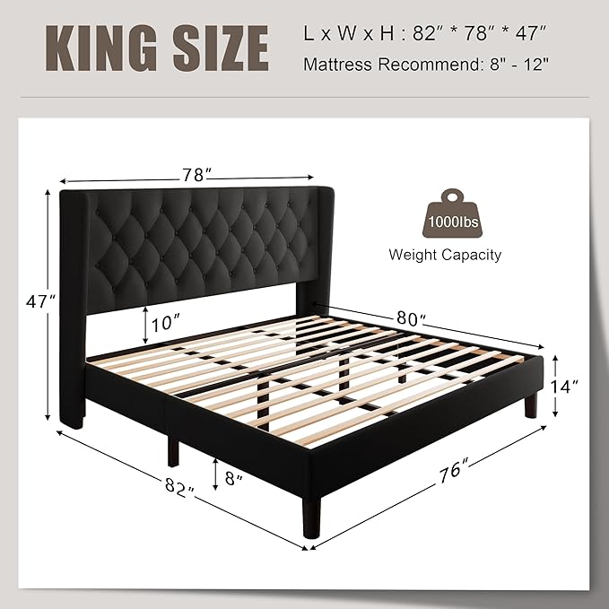 King Size Upholstered Bed Frame with Wingback Headboard, Fabric Linen Platform Bed, 8" Under Bed Storage, Wooden and Metal Slats Support, No Box Spring Needed, Black