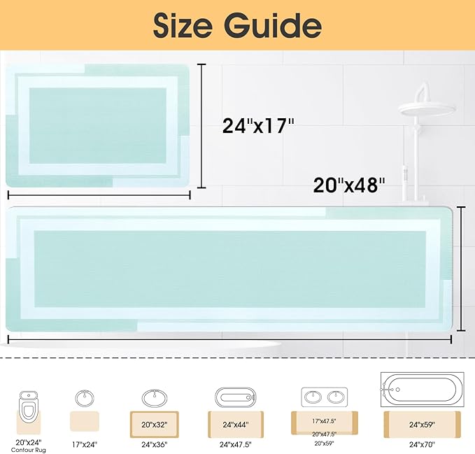 Ultra Thin Bath Mats Fit Under Door 2 piece, Upgrade Backing Non Slip Bath Mat, Quick Dry absorbent Bath Mat, Machine Washable Bathroom Rug for Bathroom, Bathtub, Kitchen, Sage Green, 24"x17"+48"x20"