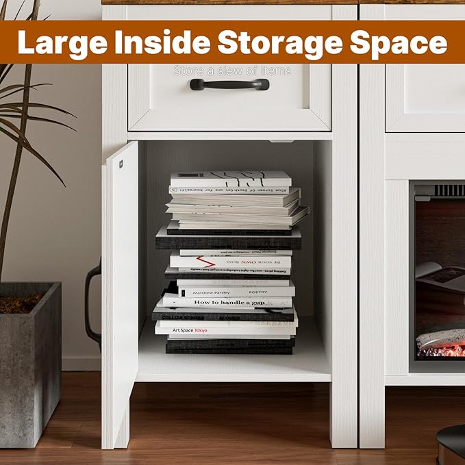 Modern TV Stand with Fireplace for TVs Up to 100 Inch,Entertainment Center with 60" Electric Fireplace,98" TV Console with Storage Cabinet Drawers for Living Room(Off White)