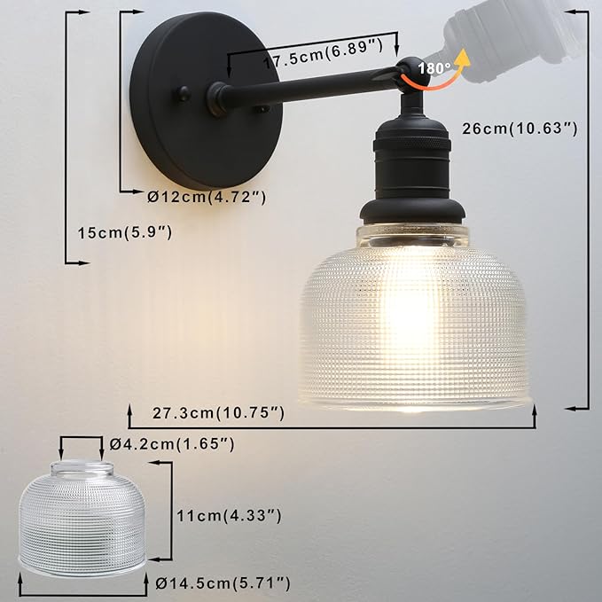 Yosoan Boho Indoor Vintage Wall Sconce with Striped Bowl Shade, 1-Light Modern Vanity Industrial Single Wall Mounted Hardwired Texture Glass Shade for Living Room Bedroom Fireplace Hallway(Black)