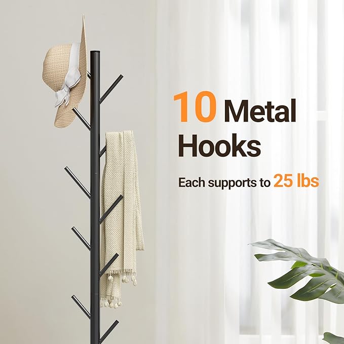 ELYKEN Coat Rack Freestanding with Natural Marble Base, Metal Coat Rack Stand with 10 Hooks, 3 Adjustable Size Coat Tree for Bags, Clothes, and Hats for Entryway, Bedroom, Hallway, Office, Black
