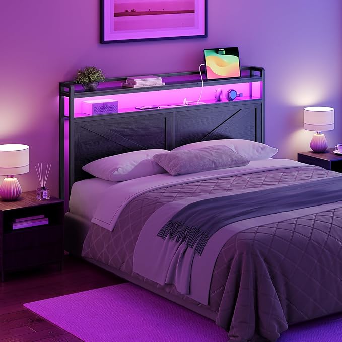 HOOBRO Headboard Queen Size, Headboard with Charging Station and LED Light Strip, 2-Tier Queen Storage Headboard with Outlets and USB Ports, Industrial Style, for Queen Size Beds, Black