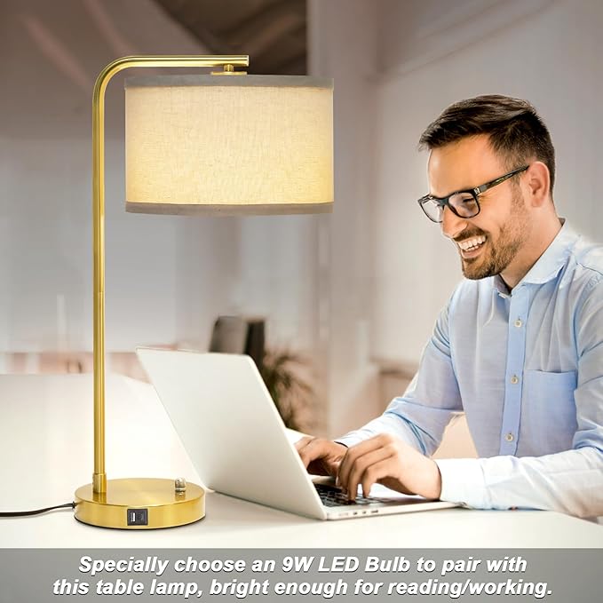Fully Dimmable Bedside Lamp with C+A USB Ports, Mordern Gold Nightstand Lamp Desk Reading Lamp with Beige Drum Shade, Tall Side Table Lamp for Living Room Bedroom Office, 9W LED Bulb Included