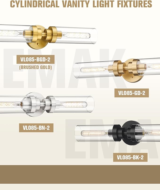 Emak 2-Light Bathroom Vanity Light Fixtures, Modern 22 Inch Brushed Gold Vanity Lights with Clear Glass Shade, Cylinder Wall Sconces for Bathroom, Bedroom, Hallway, VL085-BGD-2